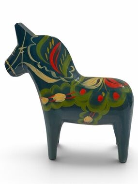 Vintage Nils Olsson Green Wooden Swedish Dala Horse Hand Painted